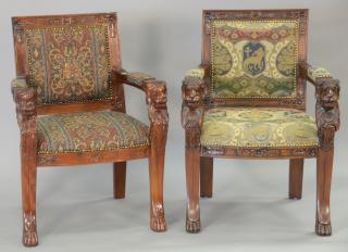 Appraisal: Pair of Victorian mahogany armchairs with lion arm supports Pair