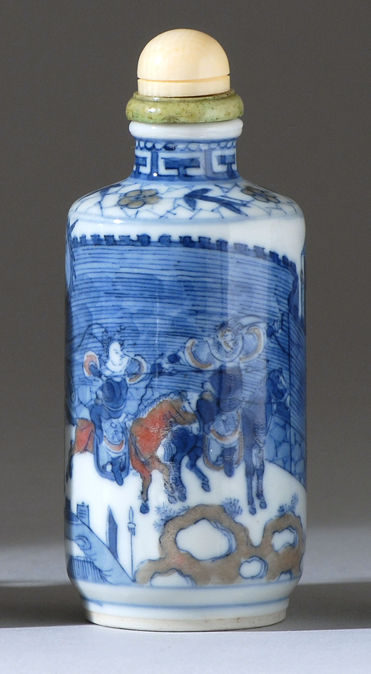 Appraisal: UNDERGLAZE BLUE AND RED PORCELAIN SNUFF BOTTLE th CenturyIn cylinder