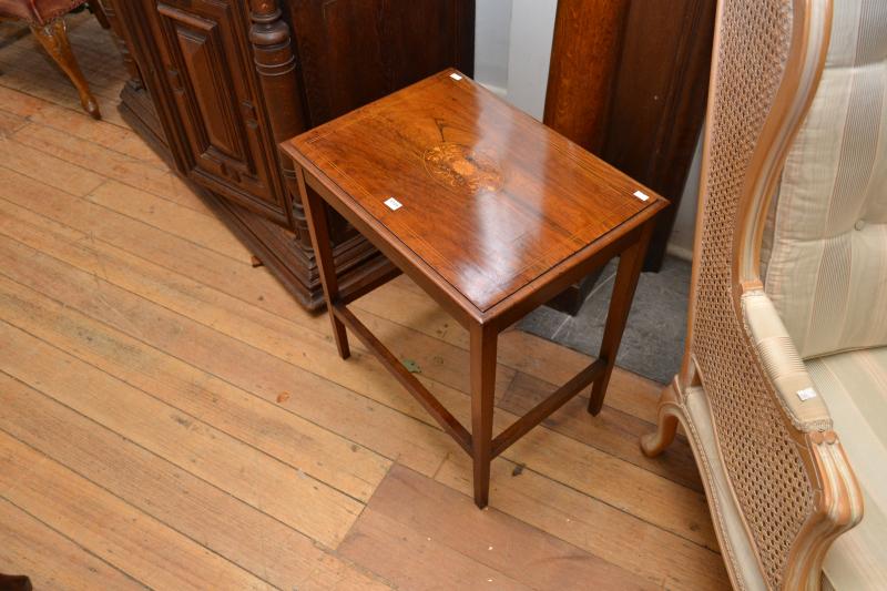 Appraisal: SHERARTON STYLE MARQUETRY INLAID ROSEWOOD OCCASIONAL TABLE SHERARTON STYLE MARQUETRY