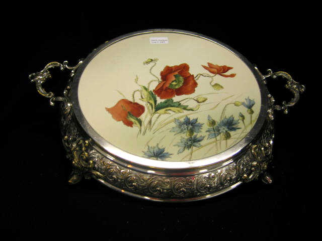 Appraisal: Victorian Silverplate Plateau fine poppy decor porcelain insert