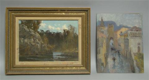 Appraisal: THOM NICHOLAS ROCKY RAVINE along with a cityscape and a