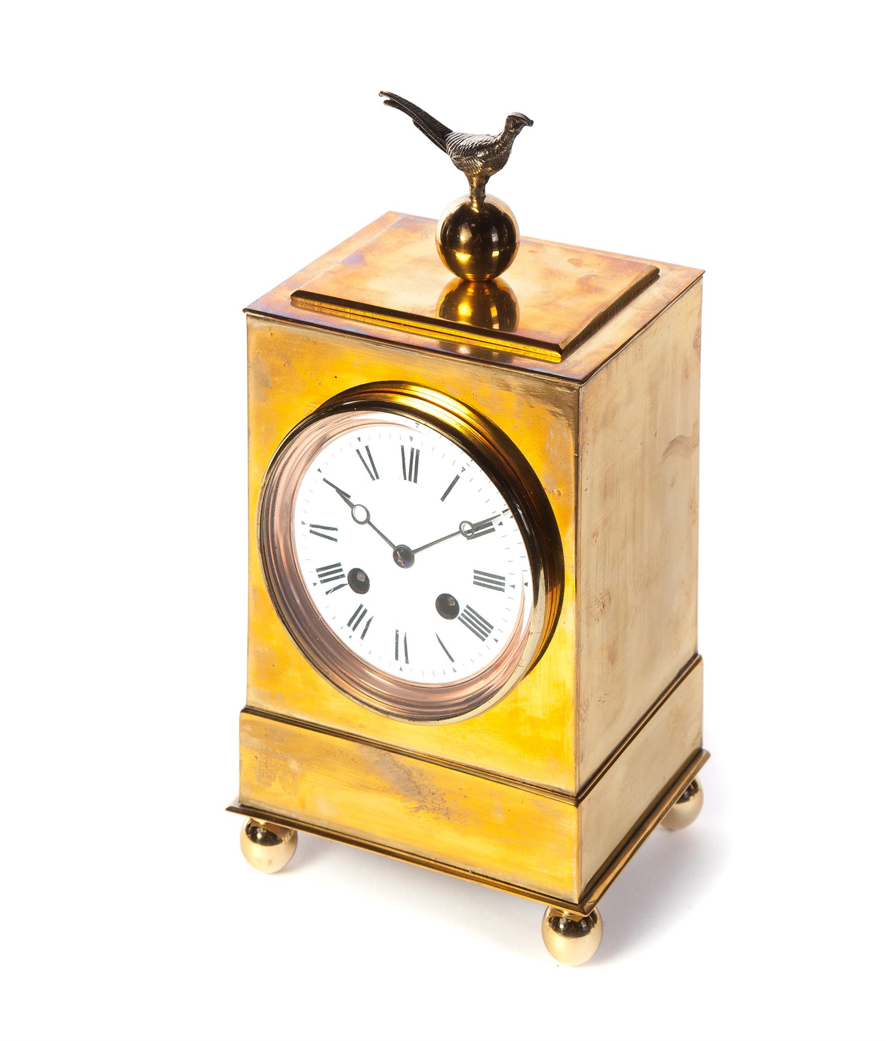 Appraisal: BRASS MANTEL CLOCK Continental mid th century Simple case with