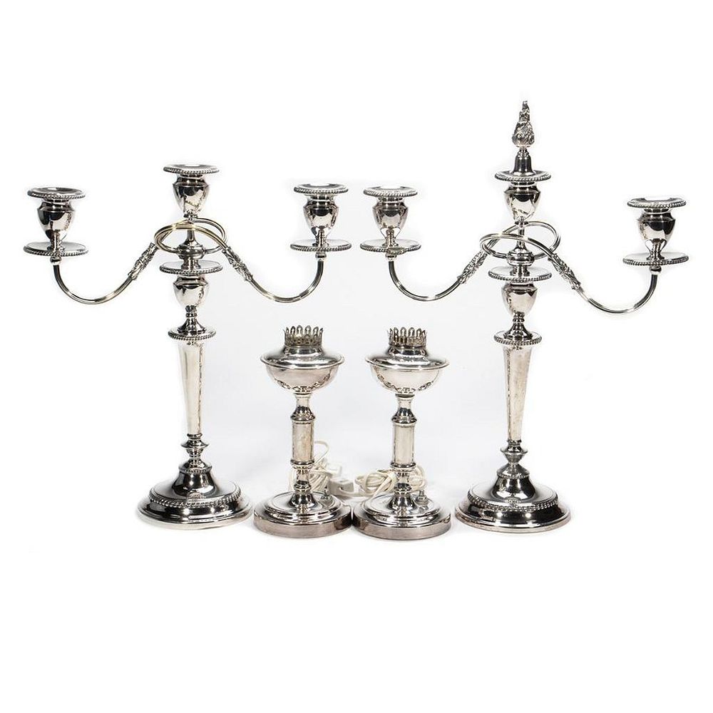 Appraisal: Pair Sheffield Plate Candelabra In the Neoclassical style with scrolling