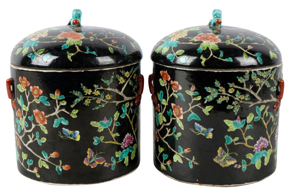 Appraisal: PAIR OF CHINESE BLACK-GROUND COVERED JARSeach with red mark to