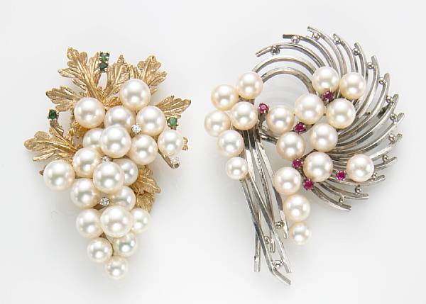 Appraisal: Two cultured pearl diamond gem-set k gold and sterling brooches