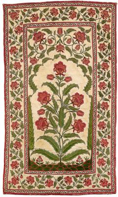 Appraisal: Mughal silk embroidery blooming flower emanating from green hillocks dramatic