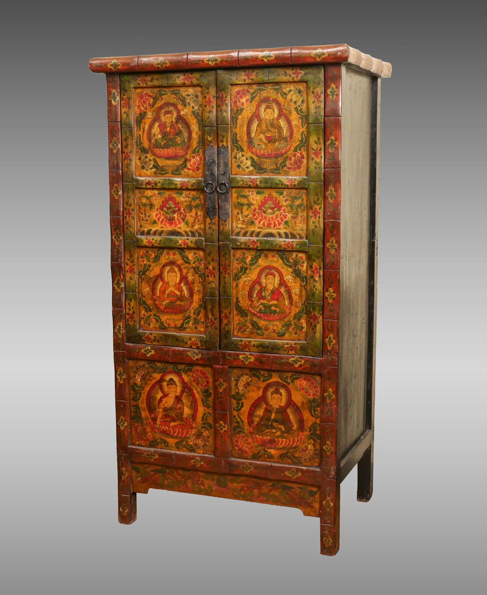 Appraisal: TH C MONGOLIAN POLYCHROME FIGURAL CABINET Having an overall carved