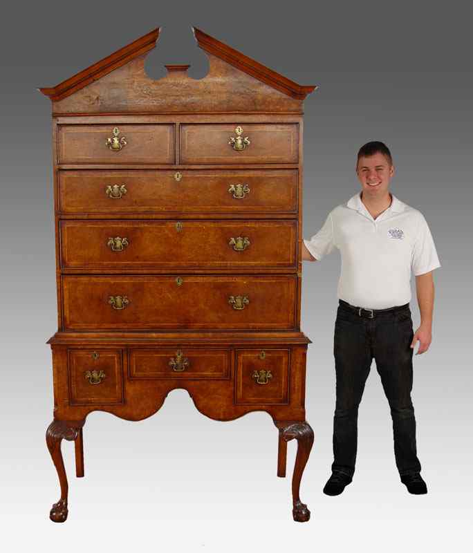 Appraisal: IMPRESSIVE TH C BURLED WALNUT HIGHBOY CHEST ON STAND over