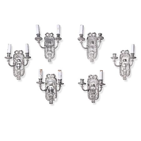 Appraisal: Set of Six E F Caldwell Silvered-Bronze Two-Light Sconces Estimate