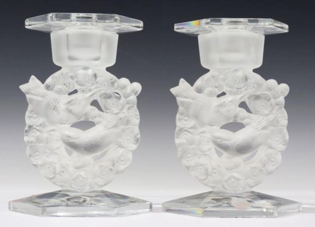 Appraisal: pair French Lalique art glass candlesticks Mesanges originally designed by