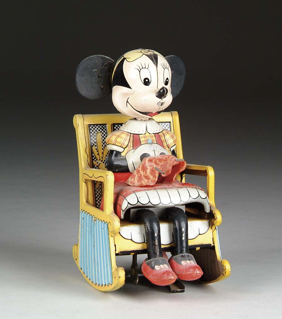 Appraisal: LINEMAR KNITTING MINNIE MOUSE Japan All-tin litho Disney character rocks