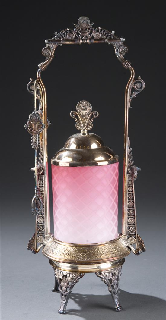 Appraisal: Pink diamond quilted satin hand blown glass pickle jar in