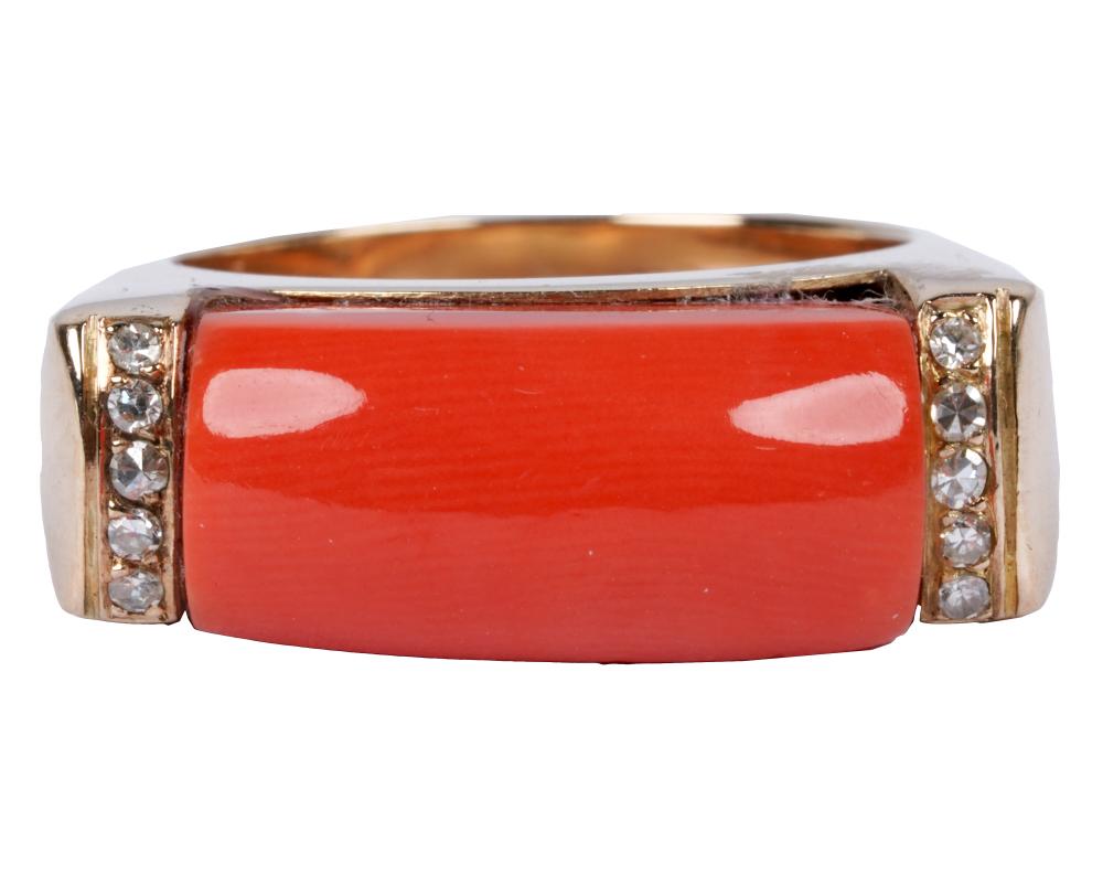 Appraisal: KARAT YELLOW GOLD CORAL DIAMOND RINGcontaining one rectangular cabochon cut