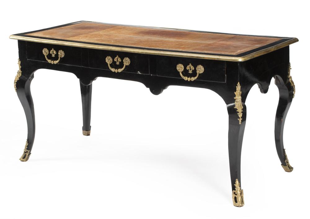 Appraisal: Antique Louis XV-Style Ebonized and Bronze-Mounted Bureau Plat inset leather