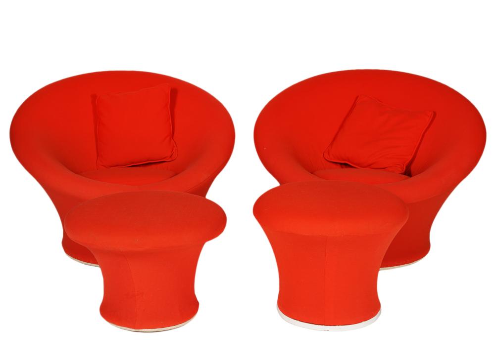 Appraisal: PR PIERRE PAULIN 'MUSHROOM' CHAIRS OTTOMANSPair of Pierre Paulin red