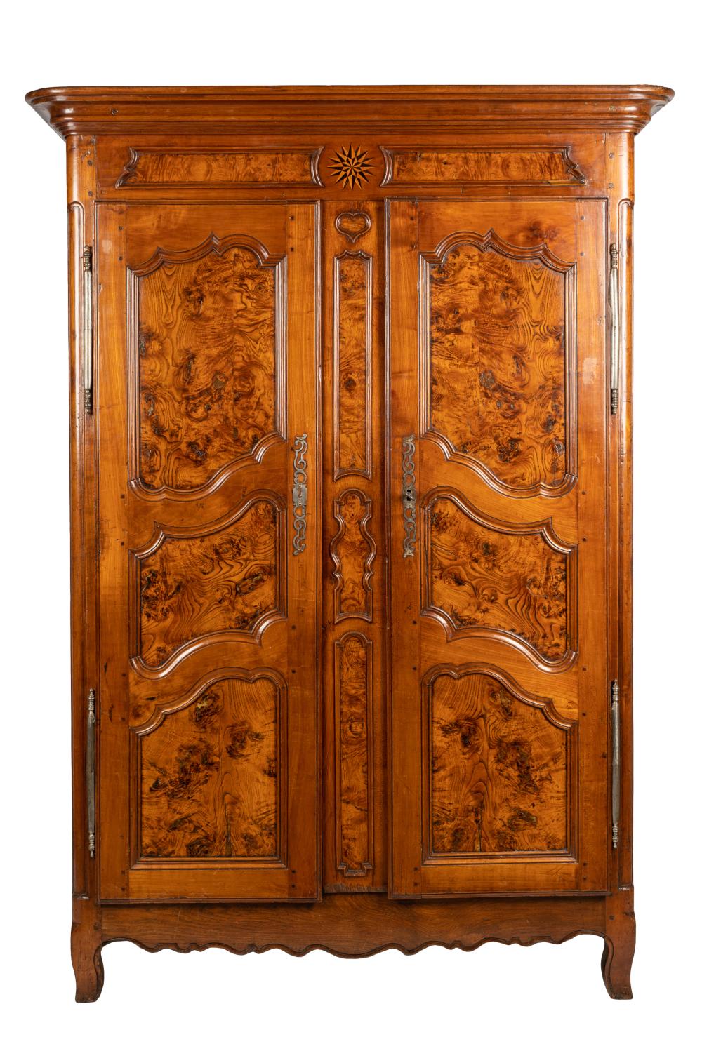 Appraisal: LOUIS XV XVI PROVINCIAL BURL ELM ARMOIRE th century with