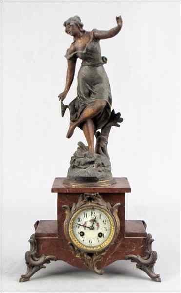 Appraisal: FRENCH MARBLE AND BRONZE CLOCK Movement marked ''F Melly Medaille