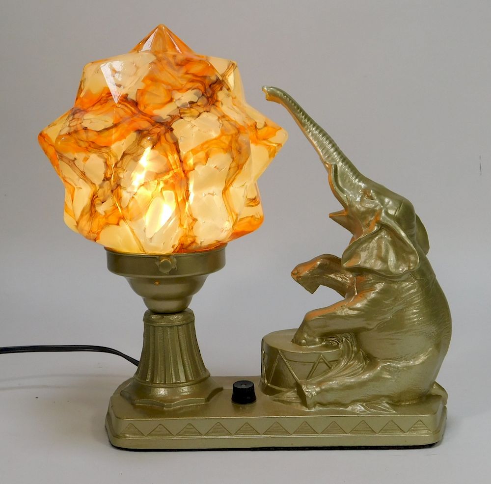 Appraisal: Orange and Cream Bohemian Art Glass Elephant Lamp Orange and