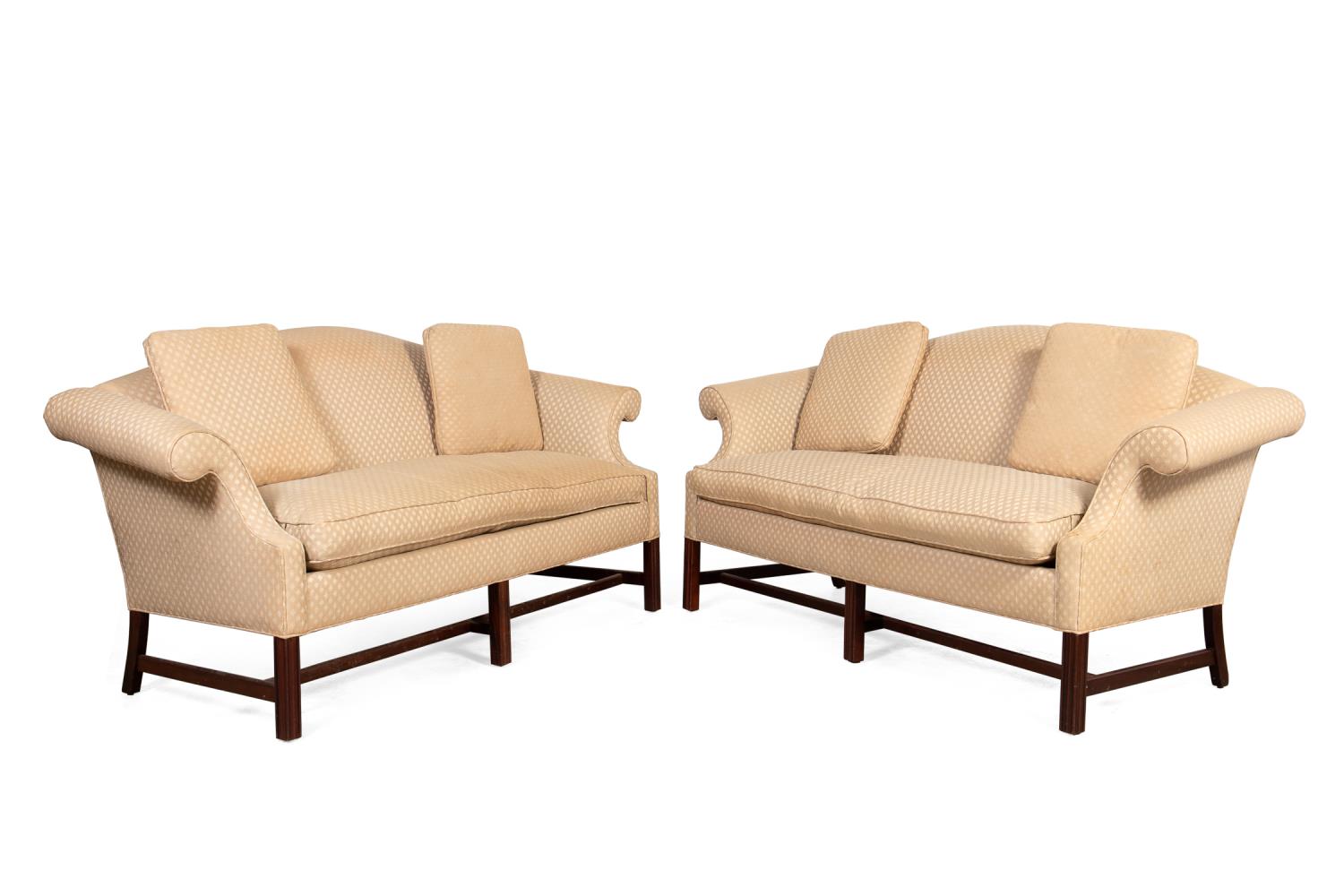 Appraisal: PAIR GEORGE III STYLE CAMELBACK SOFAS Sandra Carley Interiors pair