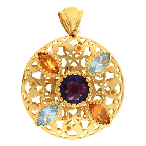 Appraisal: An amethyst citrine and blue topaz openwork pendant in silver