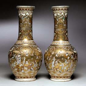 Appraisal: PAIR TALL ANTIQUE SATSUMA VASES Pair tall and very elaborately