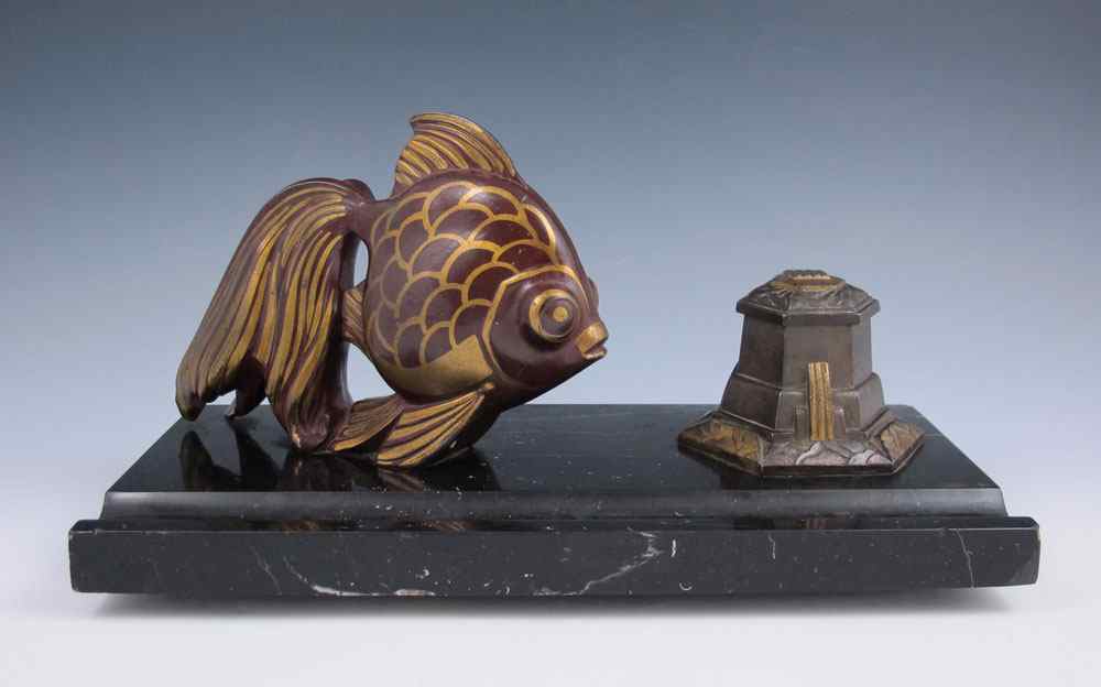 Appraisal: ORIENTAL GOLDFISH MOTIF FIGURAL INK STAND Black marble base with