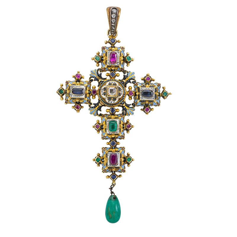 Appraisal: RENAISSANCE REVIVAL JEWELED ENAMELED GOLD CROSS Baroque open work pendant