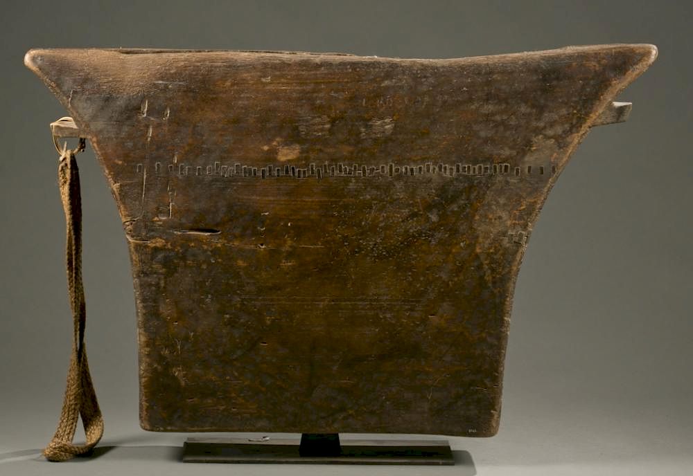 Appraisal: Tetela wooden drum early th c A trapezoidal shaped drum