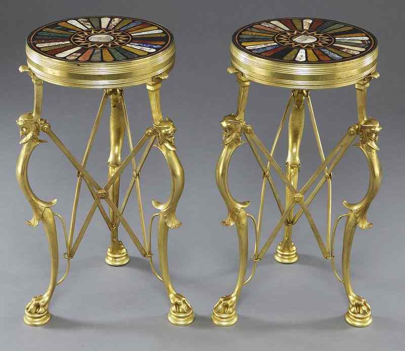 Appraisal: Pr Neoclassical style dore bronze tableswith specimen marble tops and