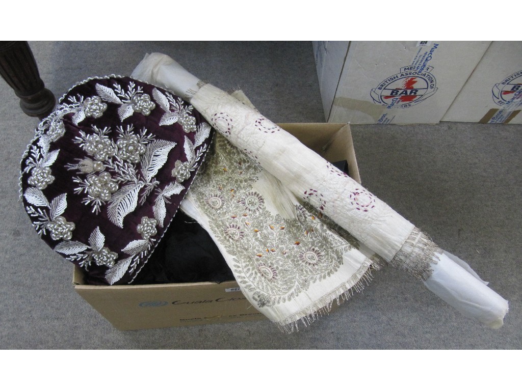 Appraisal: Victorian beadwork tea cosy silverwork embroidered panel and assorted clothes