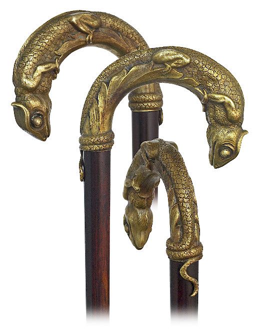 Appraisal: Wiener Bronze Chameleon Cane -Ca -Very large bronze crook handle