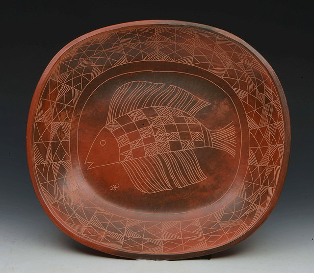 Appraisal: Siddig El Nigoumi Sudanese - Dish incised fish decorationincised signature