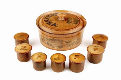 Appraisal: A German treen spice box with printed floral band and