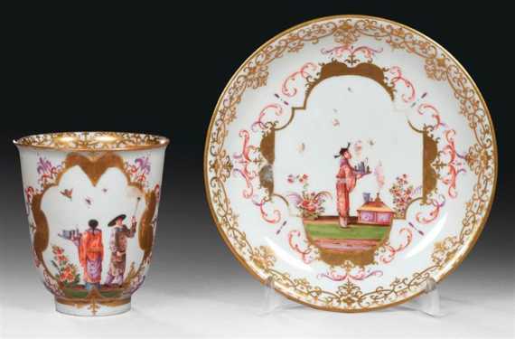 Appraisal: BEAKER AND SAUCER WITH CHINOISERIE DECORATION Meissen Each piece with