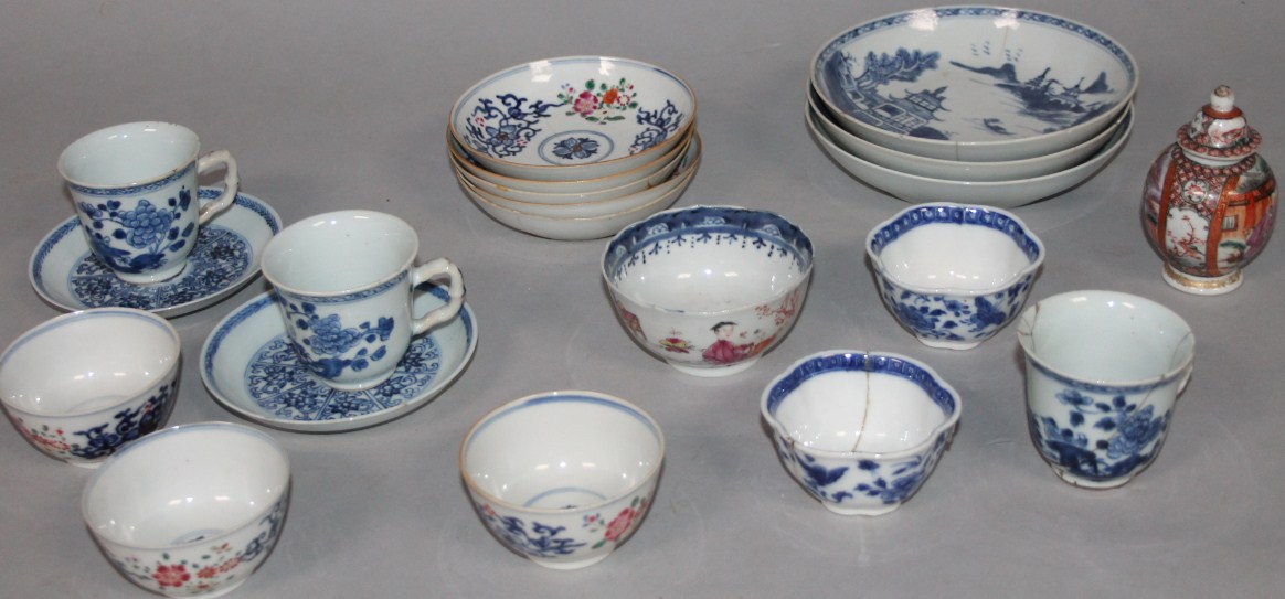 Appraisal: Various thC Chinese blue and white teaware cups three polychrome