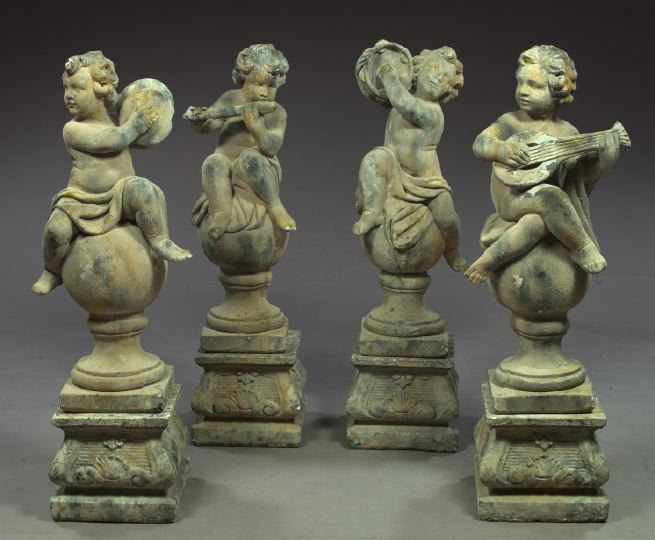 Appraisal: Charming Suite of Four Cast-Stone Garden Figures-on-Pedestals early th century