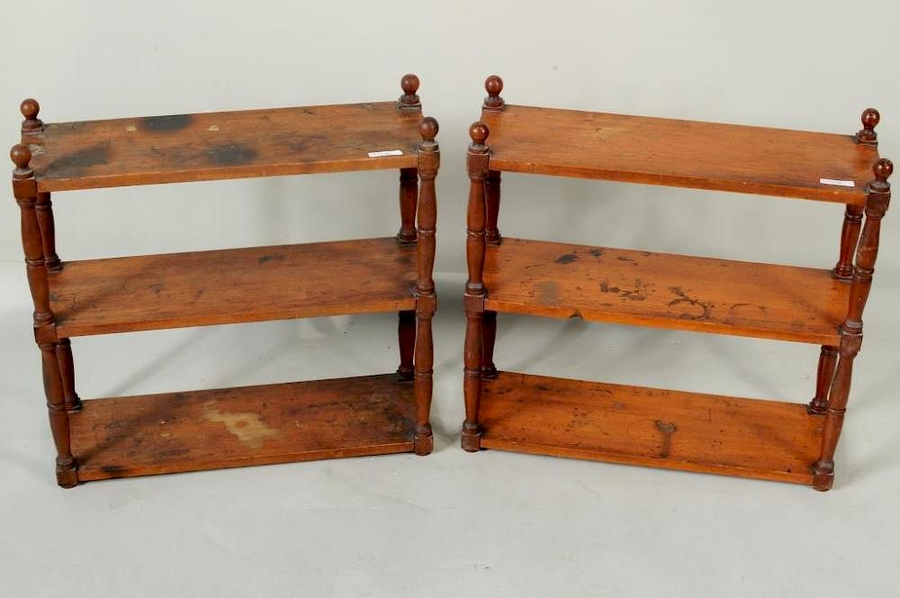 Appraisal: Pair Country Pine Hanging Shelves Pair unusual country pine three