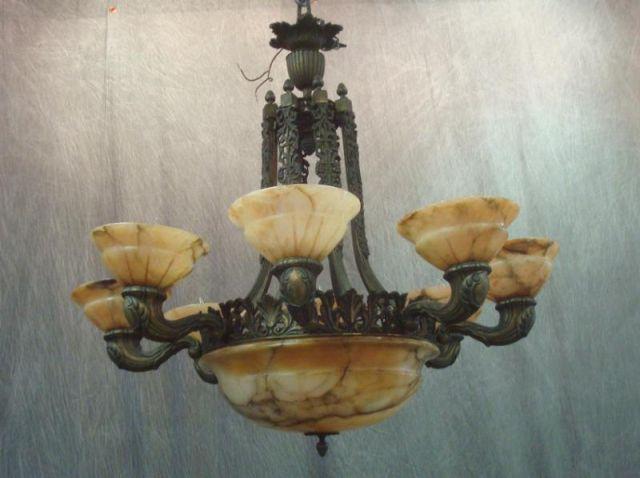 Appraisal: Antique Bronze Chandelier with Rouge Alabaster Marble Bowls From a