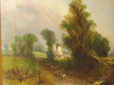 Appraisal: J C SAMMONDS Pastoral Scene with Windmill Shepherd and Flock