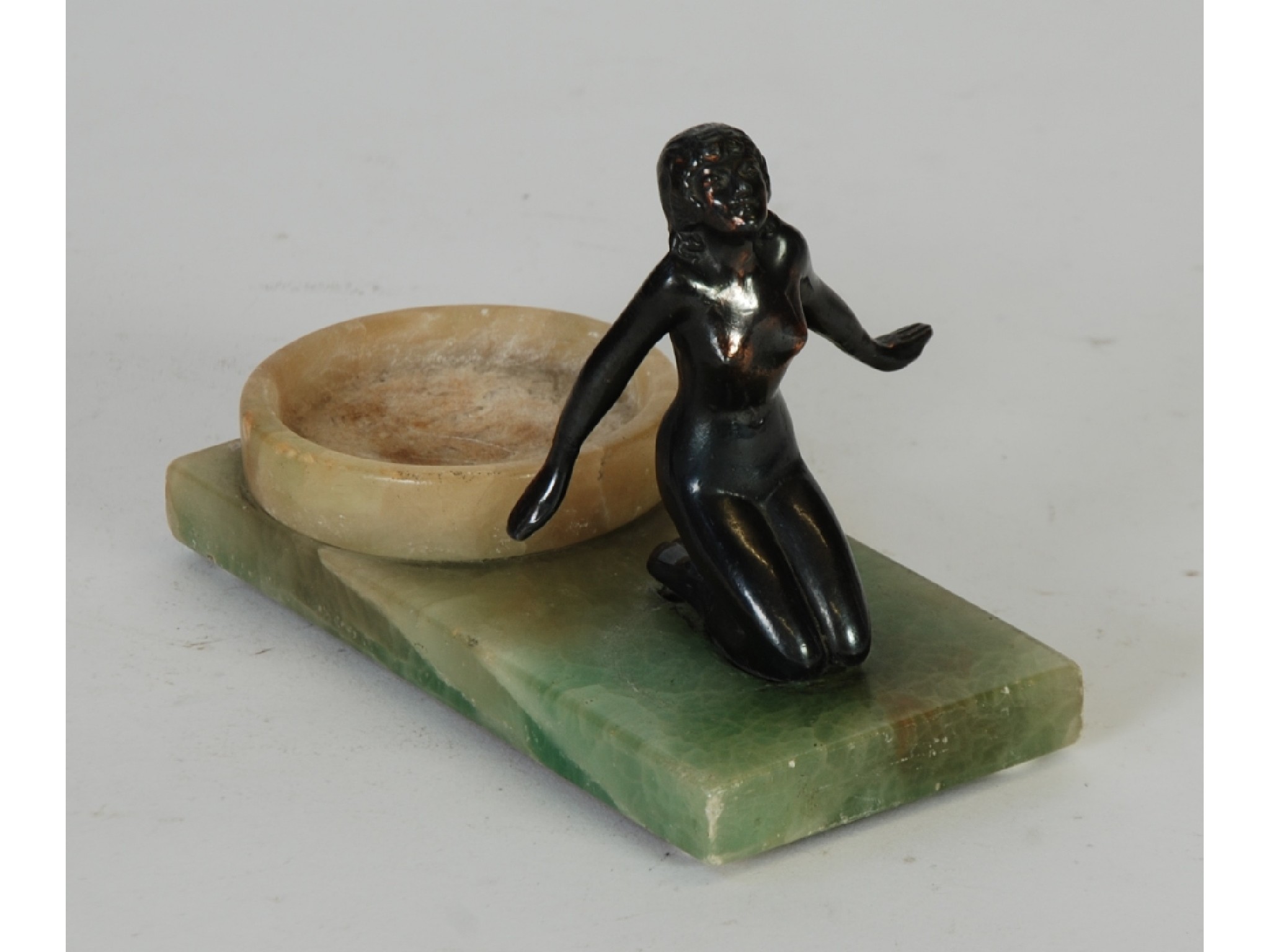 Appraisal: ART DECO GREEN ONYX ASHTRAY DISH STAND WITH NAKED FEMALE