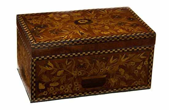 Appraisal: Marquetry inlaid box ornate floral-inlaid top and side opening to