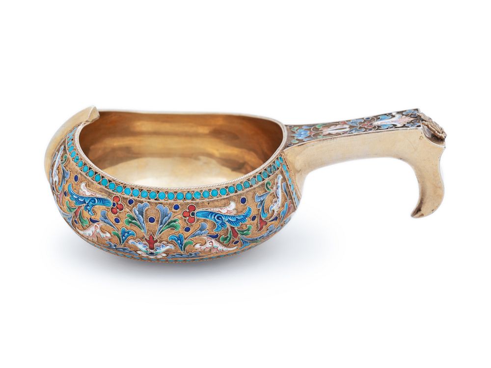 Appraisal: A Large Russian Silver-Gilt and Shaded Enamel Presentation Kovsh A