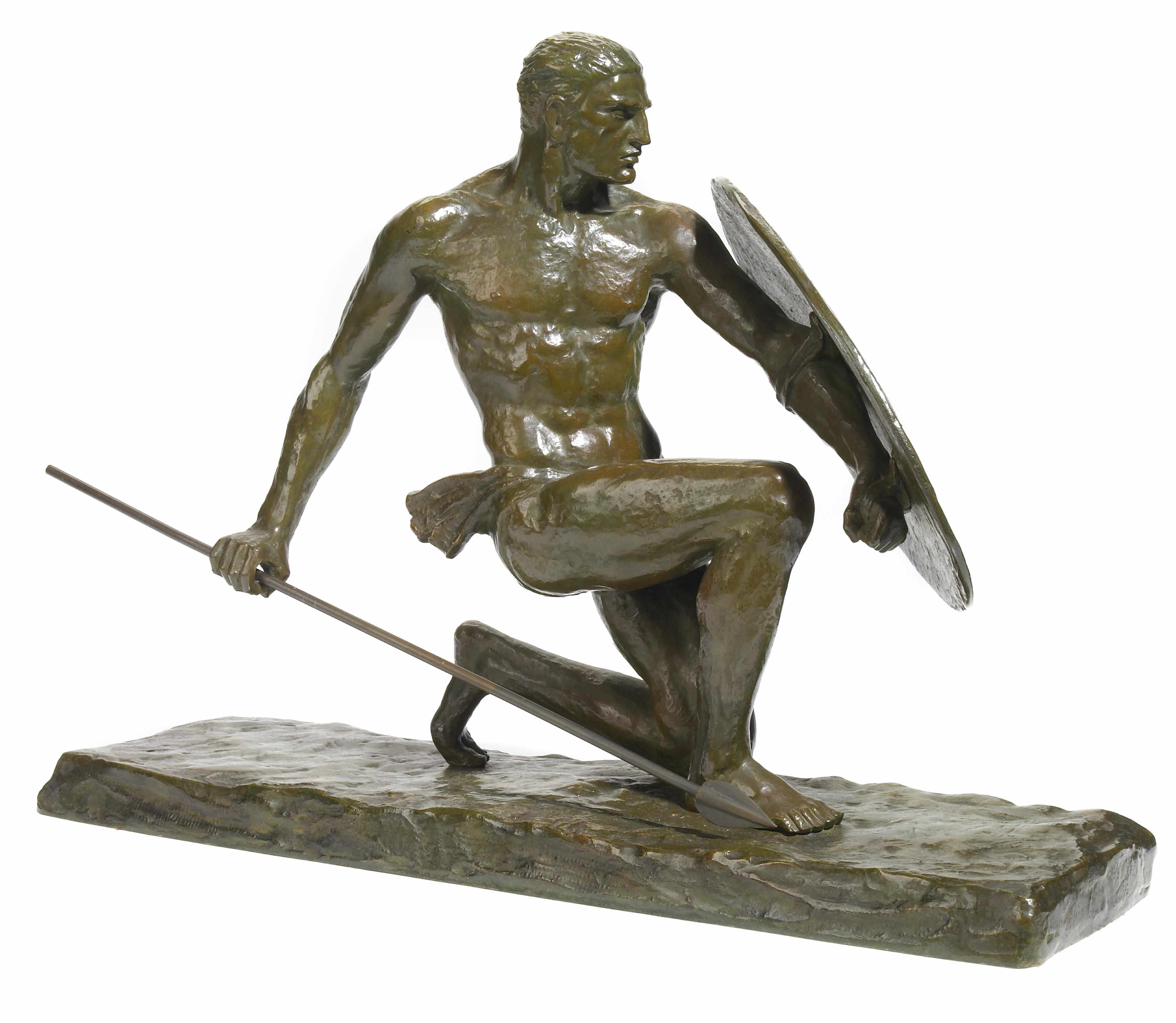 Appraisal: A French patinated bronze figure of a warrior after a