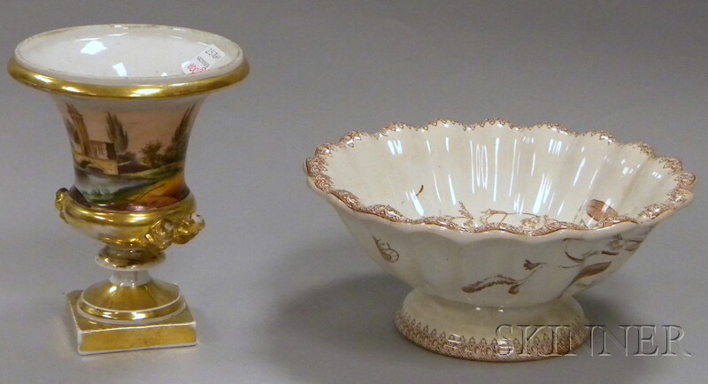 Appraisal: Paris Porcelain Gilt and Hand-painted Landscape-decorated Urn and a Boote