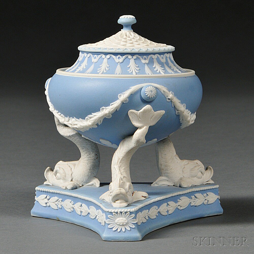 Appraisal: Wedgwood Light Blue Jasper Dip Dolphin Incense Burner and Cover