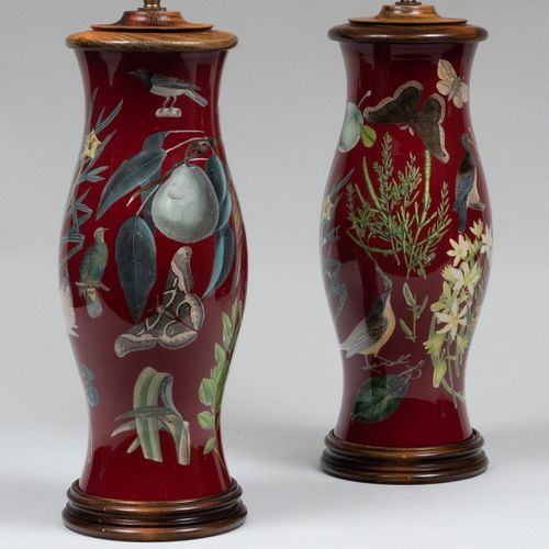 Appraisal: PAIR OF RED DECOUPAGE LAMPS x in diam to socket