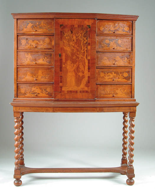 Appraisal: WILLIAM MARY STYLE ANTIQUE MARQUETRY CABINET ON STAND The two