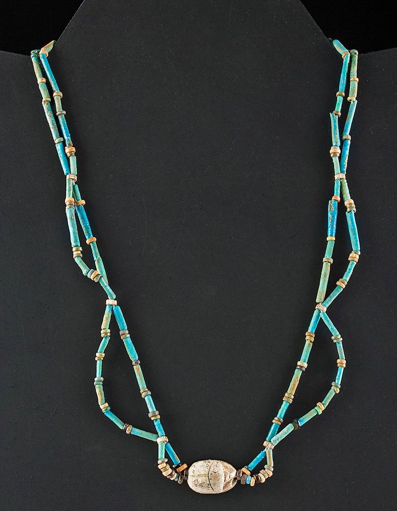 Appraisal: Egyptian Glazed Faience Bead Necklace w Scarab Pendant First Time