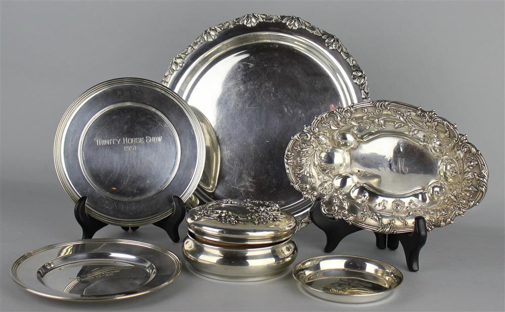 Appraisal: SIX SILVER PIECES to include inscribed plates inscribed coaster dishes