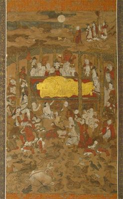 Appraisal: A rare Chinese painted print depicting the death of Buddha